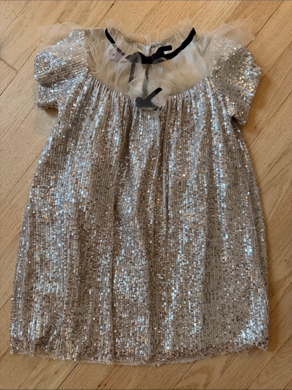 Girls Silver Sequin Party Dress with Tulle Neckline